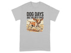 T-shirt with illustration of a dog running and text "DOG DAYS ARE THE BEST DAYS".