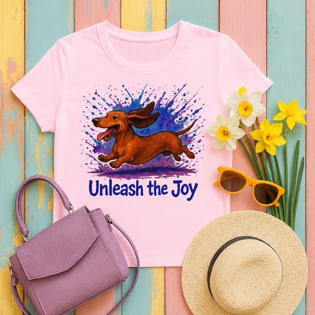 Unleash the Joy Dachshund Art T-Shirt in Light Pink