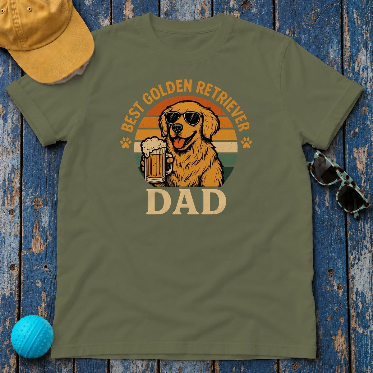 Best Golden Retriever Dad with Beer and Shades T-Shirt in Military Green