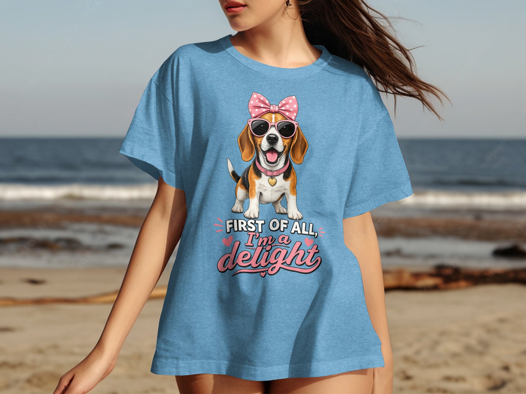 Blue t-shirt with a beagle wearing sunglasses and a pink bow.