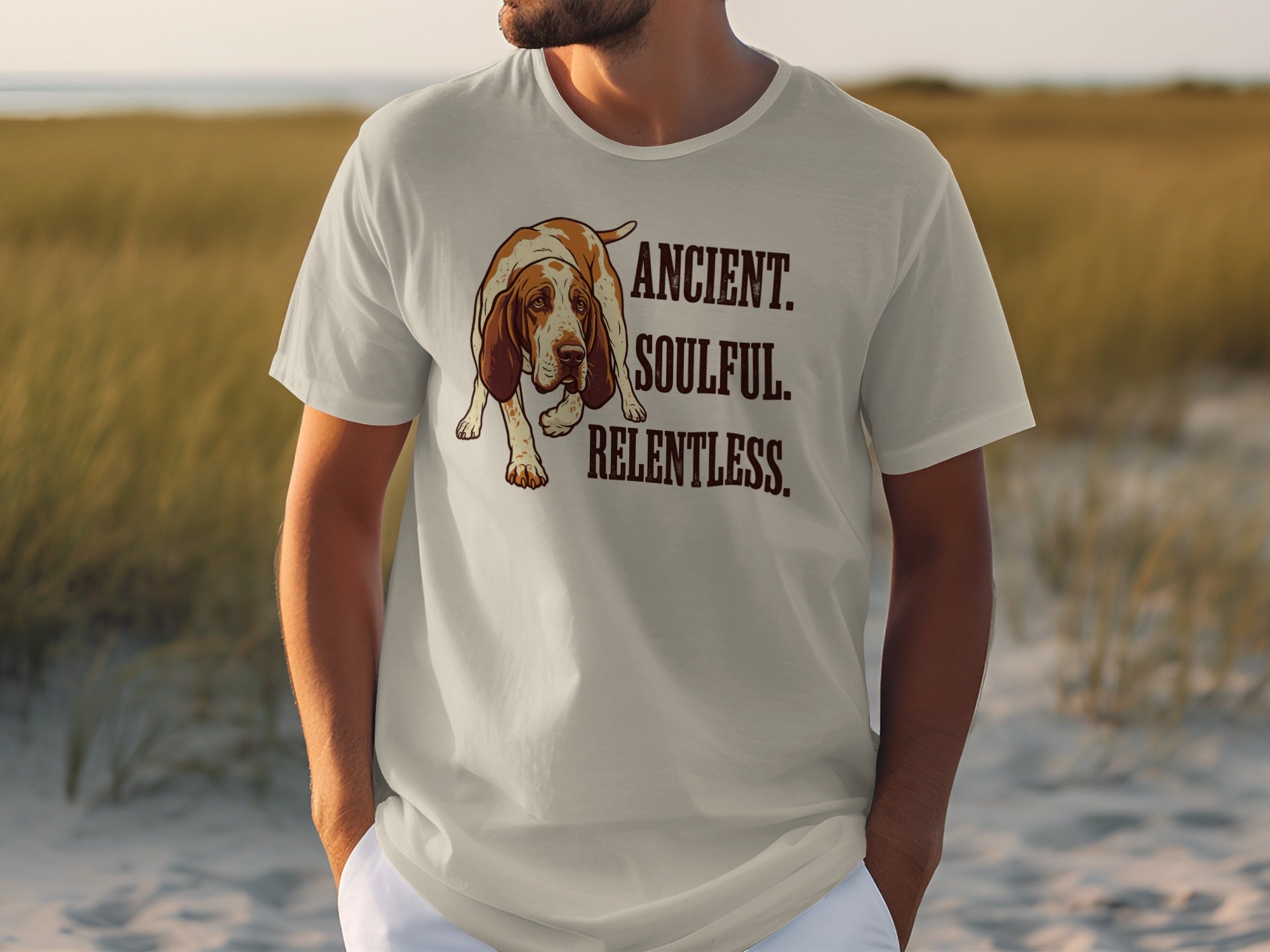 T-shirt with a basset hound and text "ANCIENT. SOULFUL. RELENTLESS."