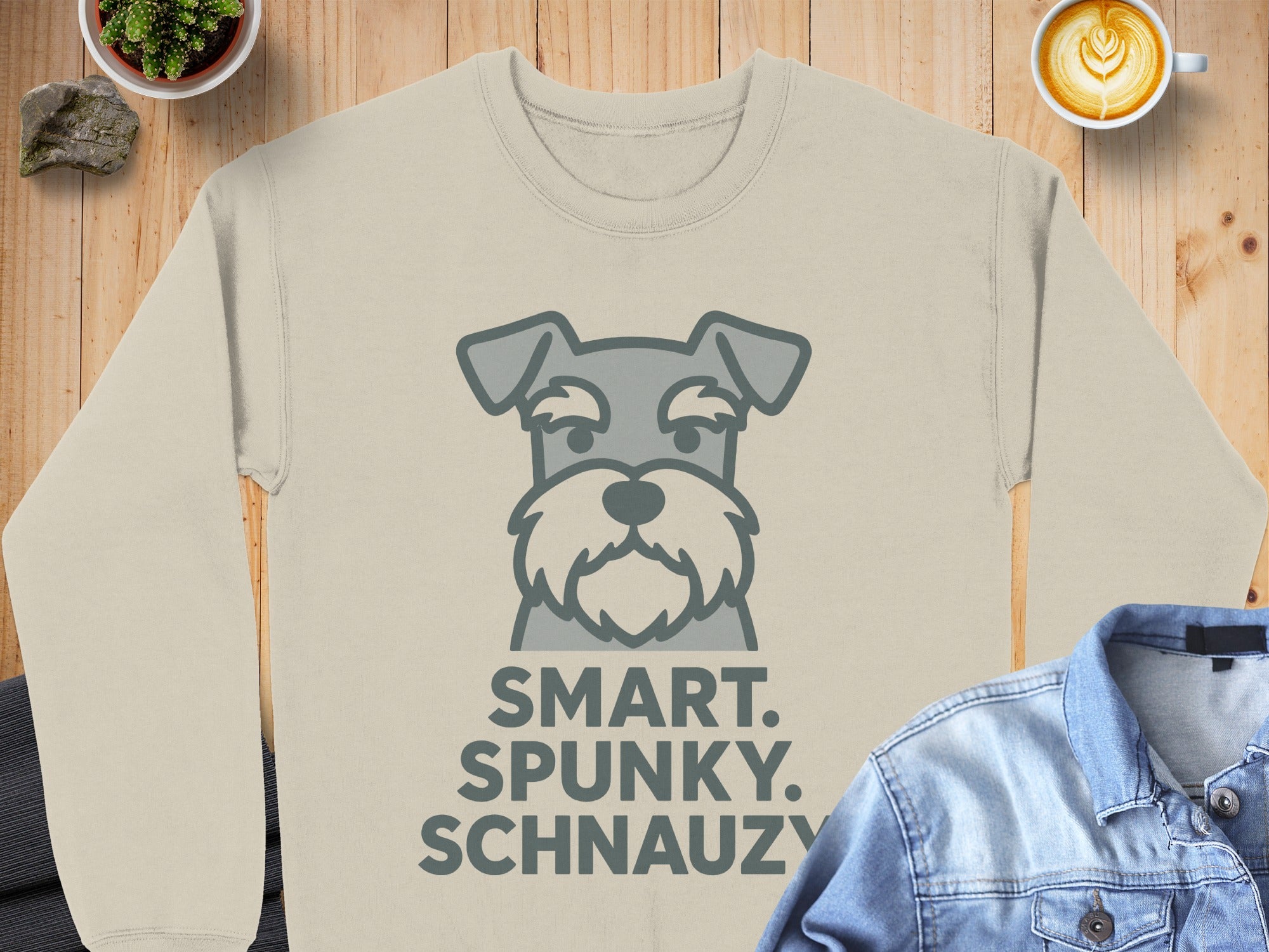 Light beige sweatshirt with gray Schnauzer graphic and text "SMART. SPUNKY. SCHNAUZY."