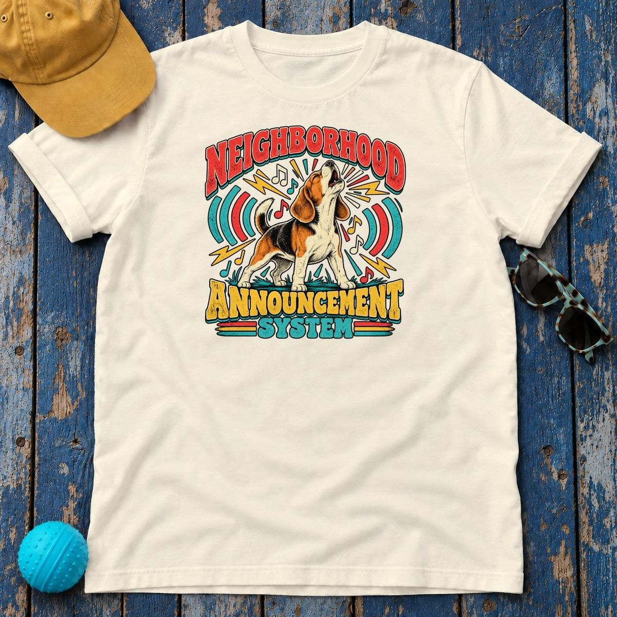 Neighborhood Announcement System Beagle T-Shirt in Natural - flat lay
