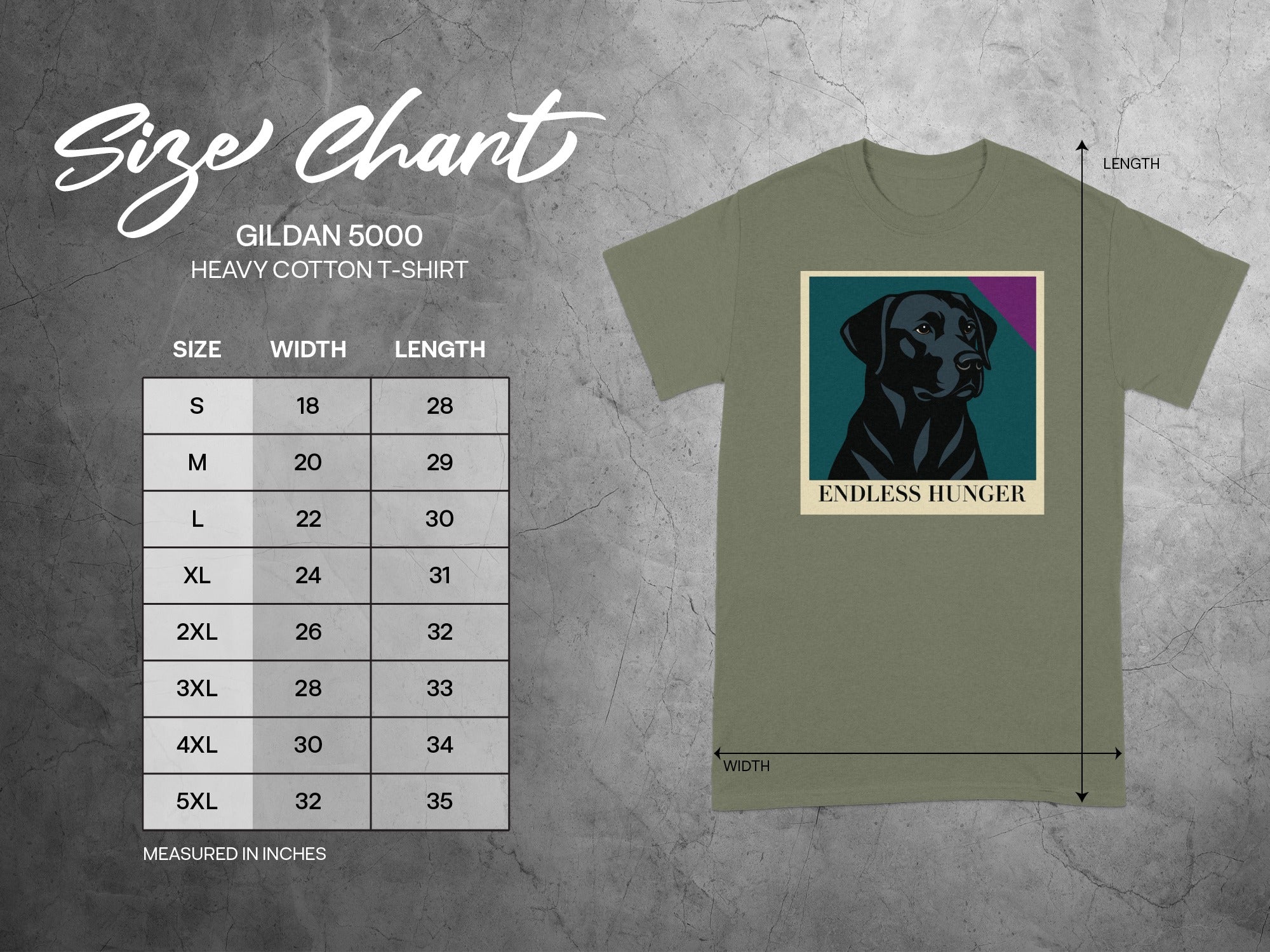 Gildan 5000 heavy cotton t-shirt size chart with width and length measurements.