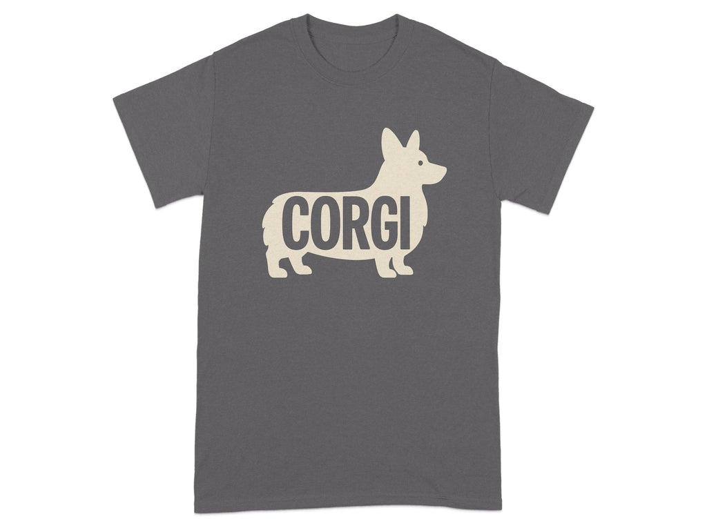 Grey t-shirt with a cream corgi silhouette and the text "CORGI".