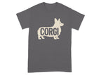 Grey t-shirt with a cream corgi silhouette and the text "CORGI".
