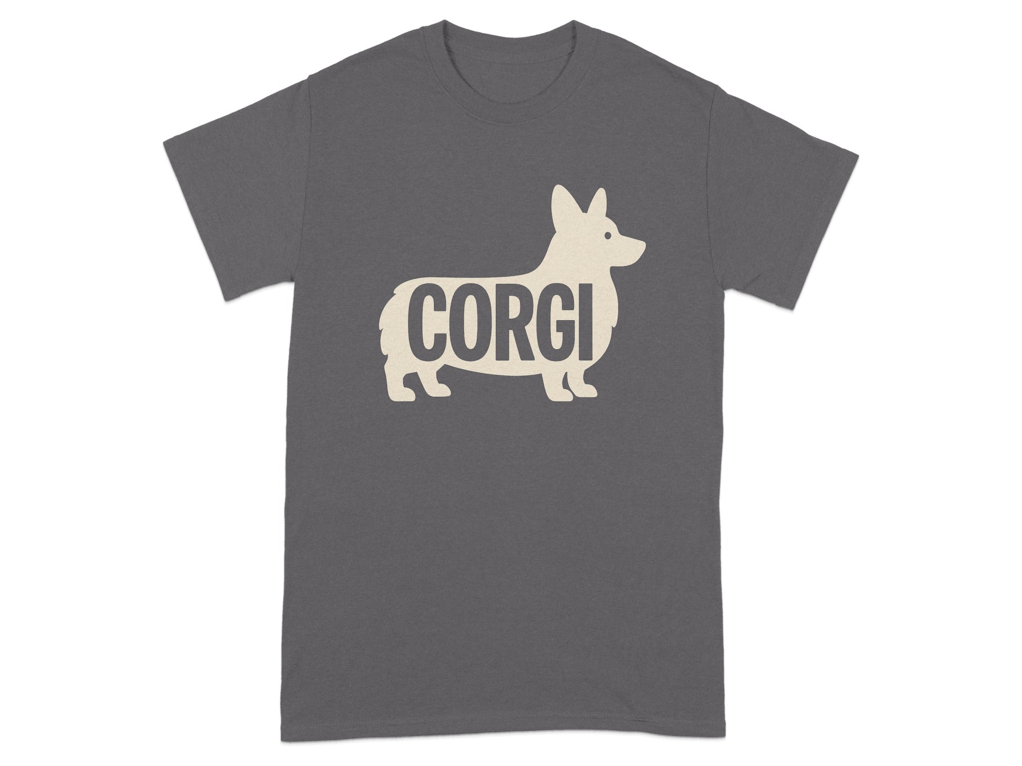 Grey t-shirt with a cream corgi silhouette and the text "CORGI".
