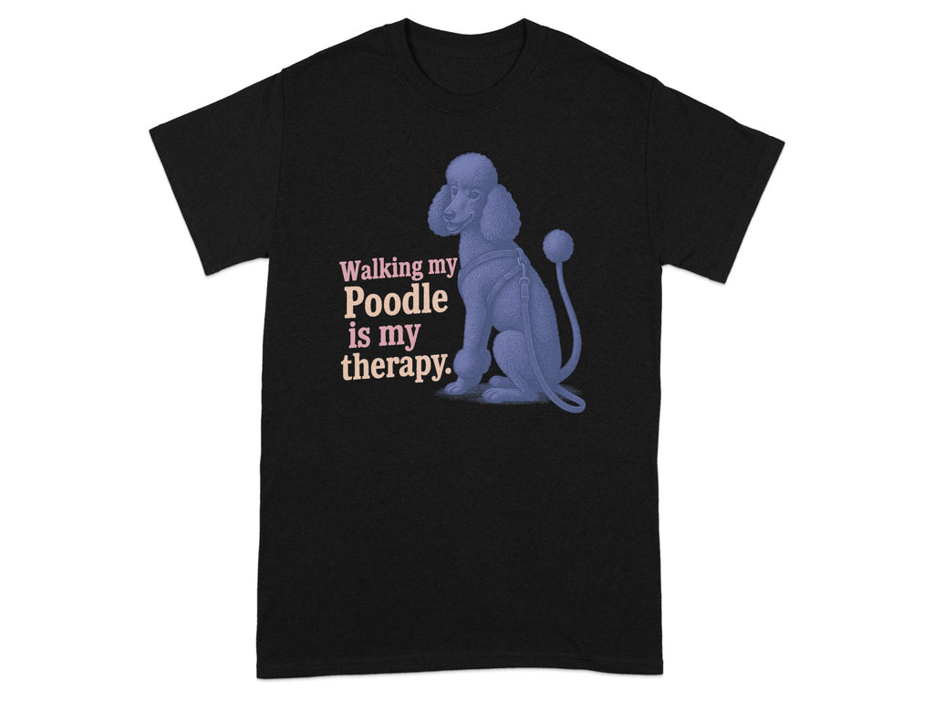 Black t-shirt with a purple poodle graphic and text "Walking my Poodle is my therapy."