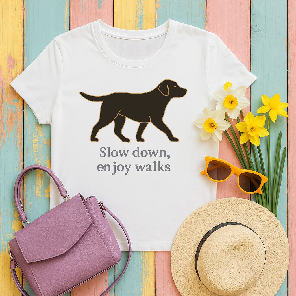 Black Lab Slow Down Enjoy Walks T-shirt in White