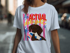 T-shirt with a dog holding a striped sock, text "AN ACTUAL DELIGHT".