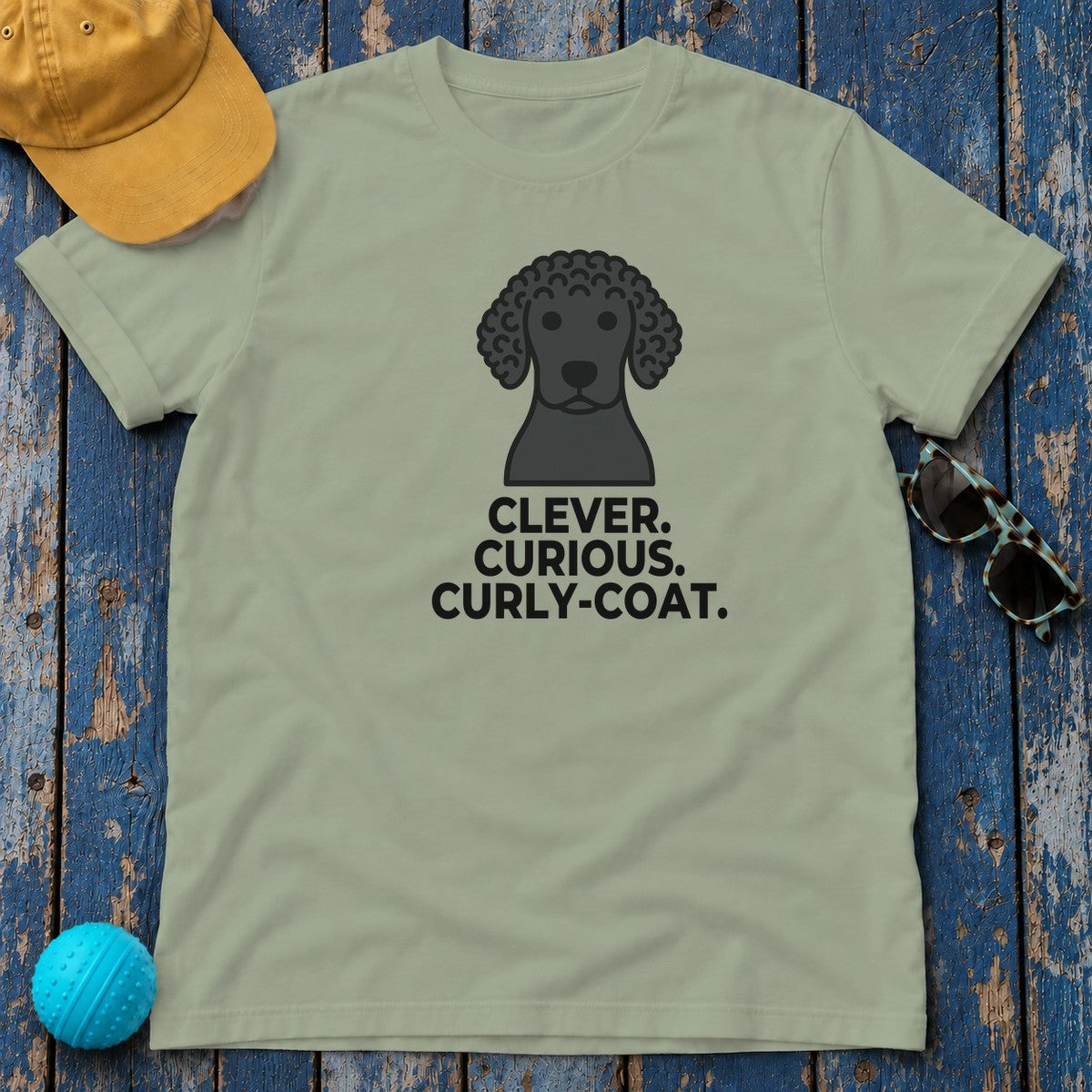 Clever. Curious. Curly-Coat. Curly-Coated Retriever T-Shirt in Sage