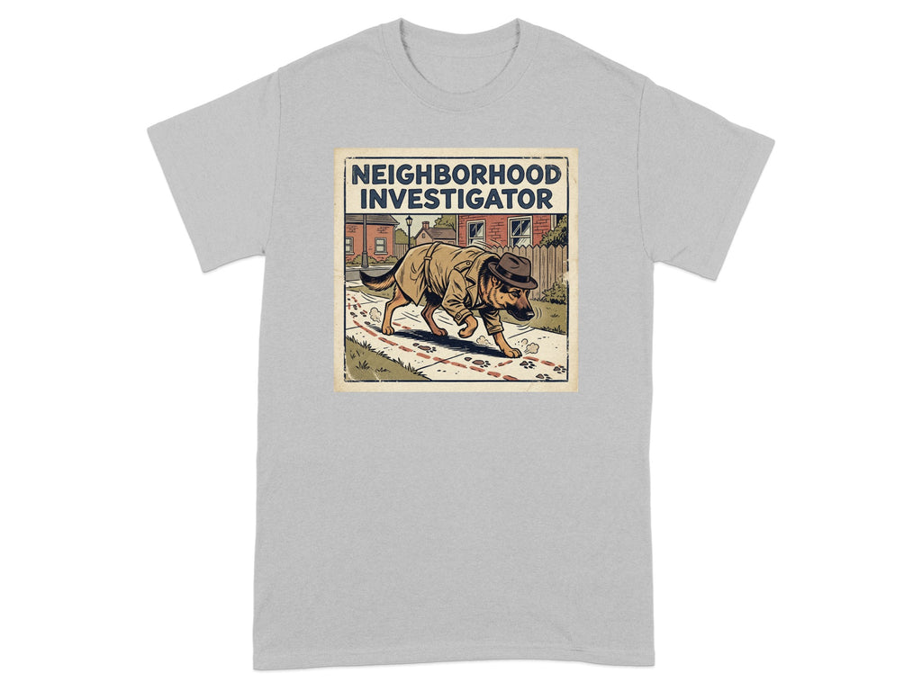 Dog in trench coat and hat, "Neighborhood Investigator" text.