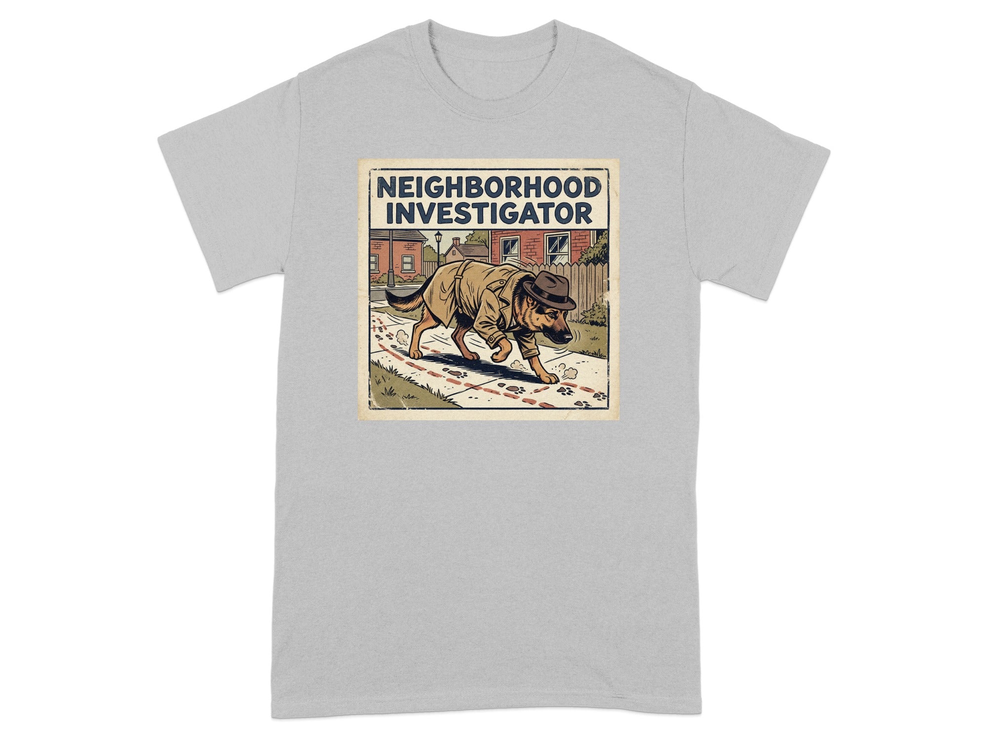 Dog in trench coat and hat, "Neighborhood Investigator" text.