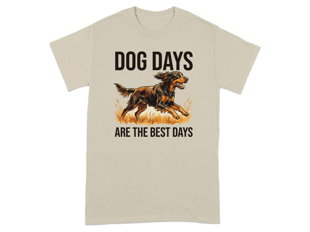 T-shirt with a running dog illustration and text "DOG DAYS ARE THE BEST DAYS".