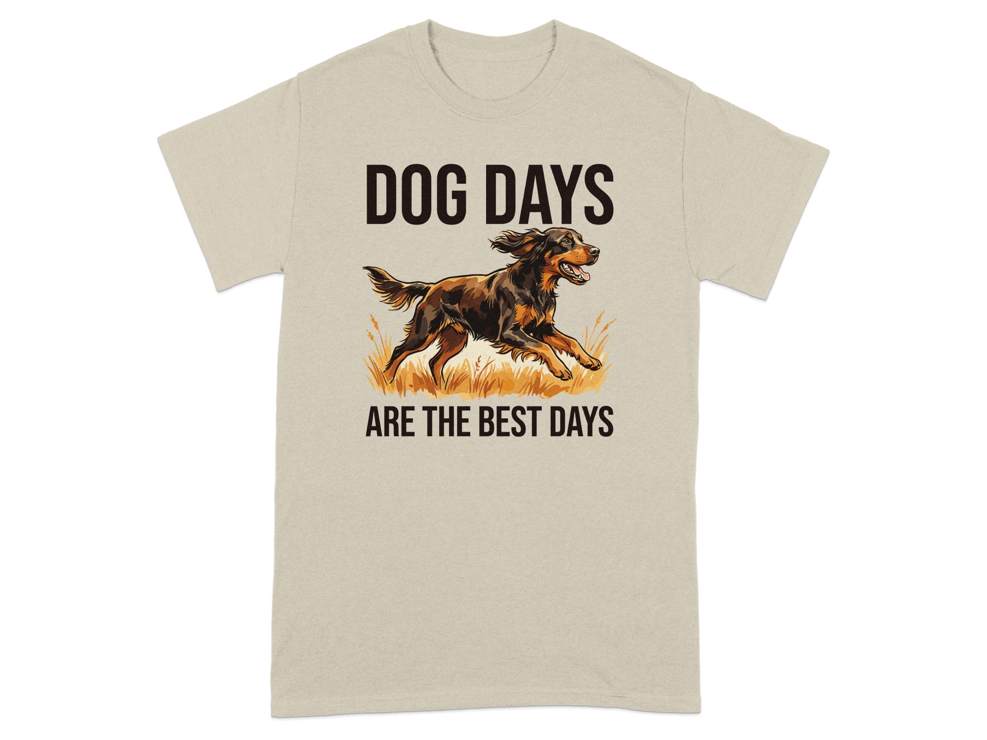 T-shirt with a running dog illustration and text "DOG DAYS ARE THE BEST DAYS".