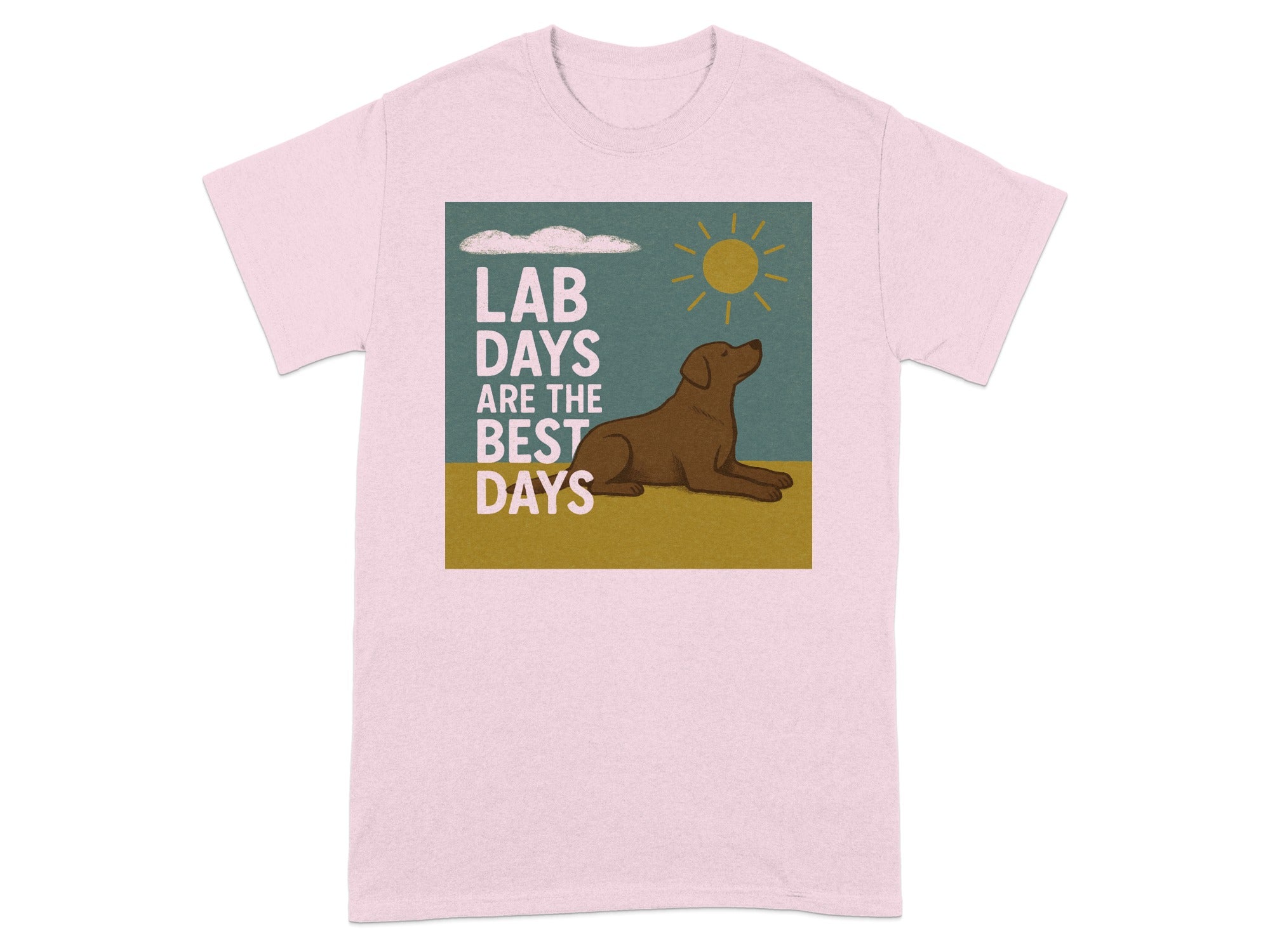 Pink t-shirt with illustration of brown dog, sun, clouds, and text "LAB DAYS ARE THE BEST DAYS".