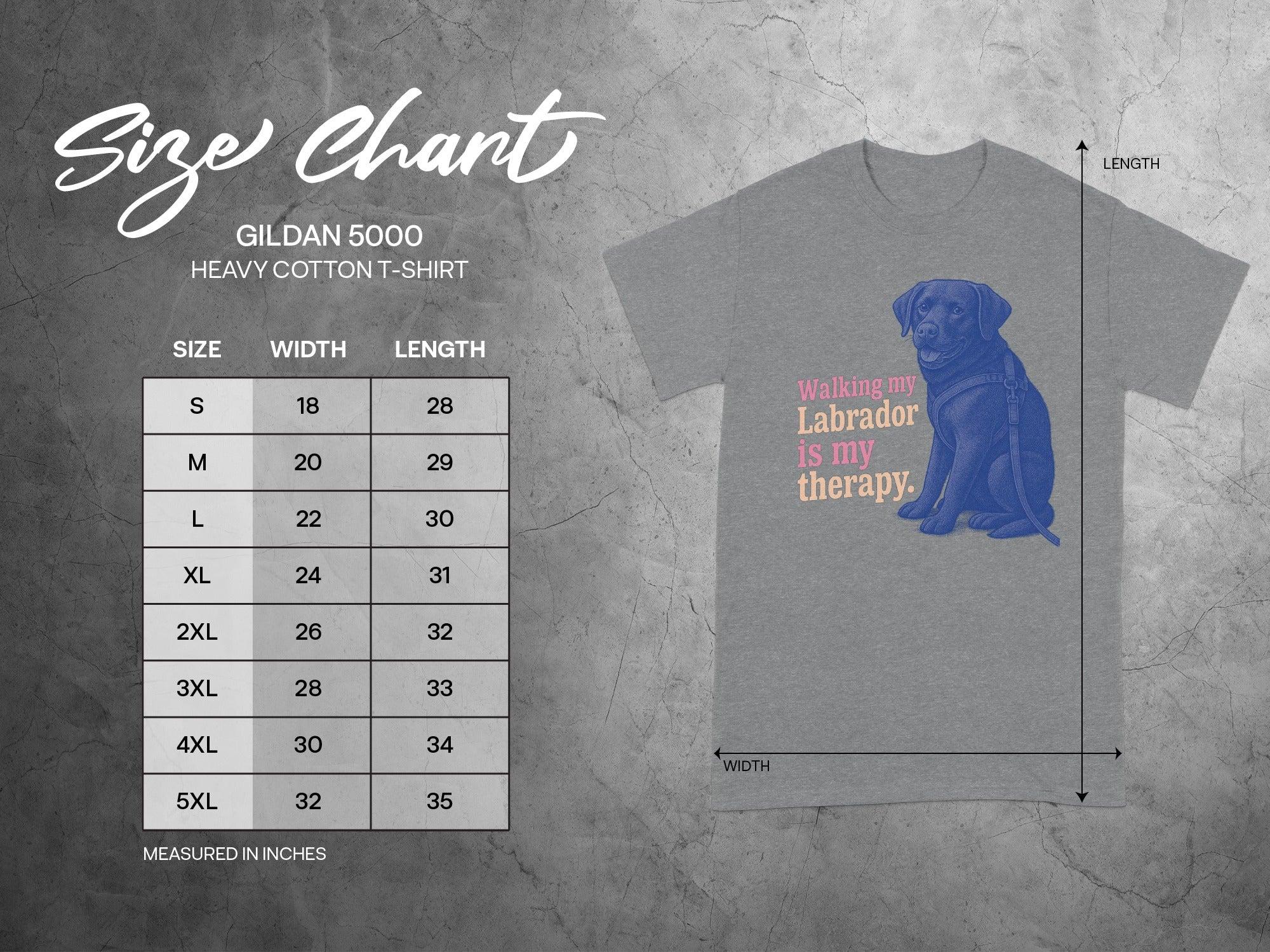 Gildan 5000 size chart for heavy cotton t-shirt with Labrador graphic.