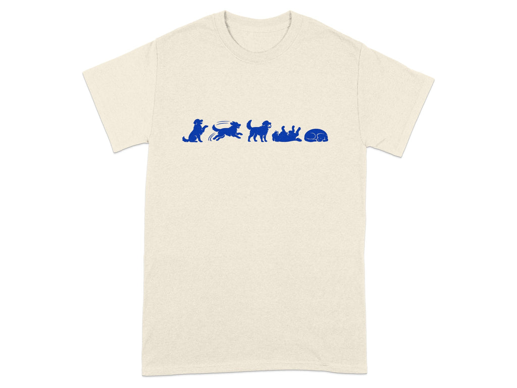 Cream t-shirt with a blue graphic of a dog's actions from sitting to sleeping.