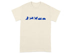 Cream t-shirt with a blue graphic of a dog's actions from sitting to sleeping.