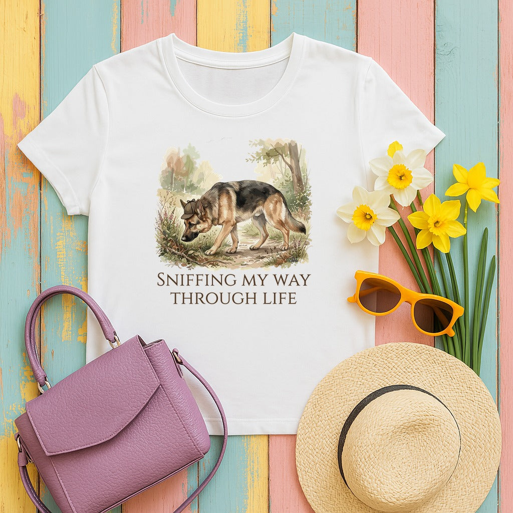 Woodland Wanderer German Shepherd T-Shirt in White