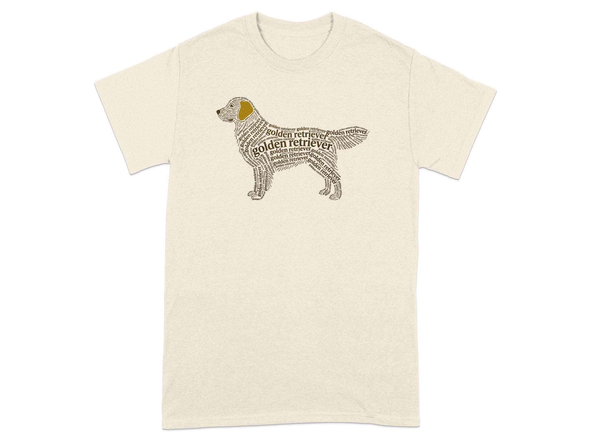 Cream t-shirt with golden retriever silhouette formed by repeated text.