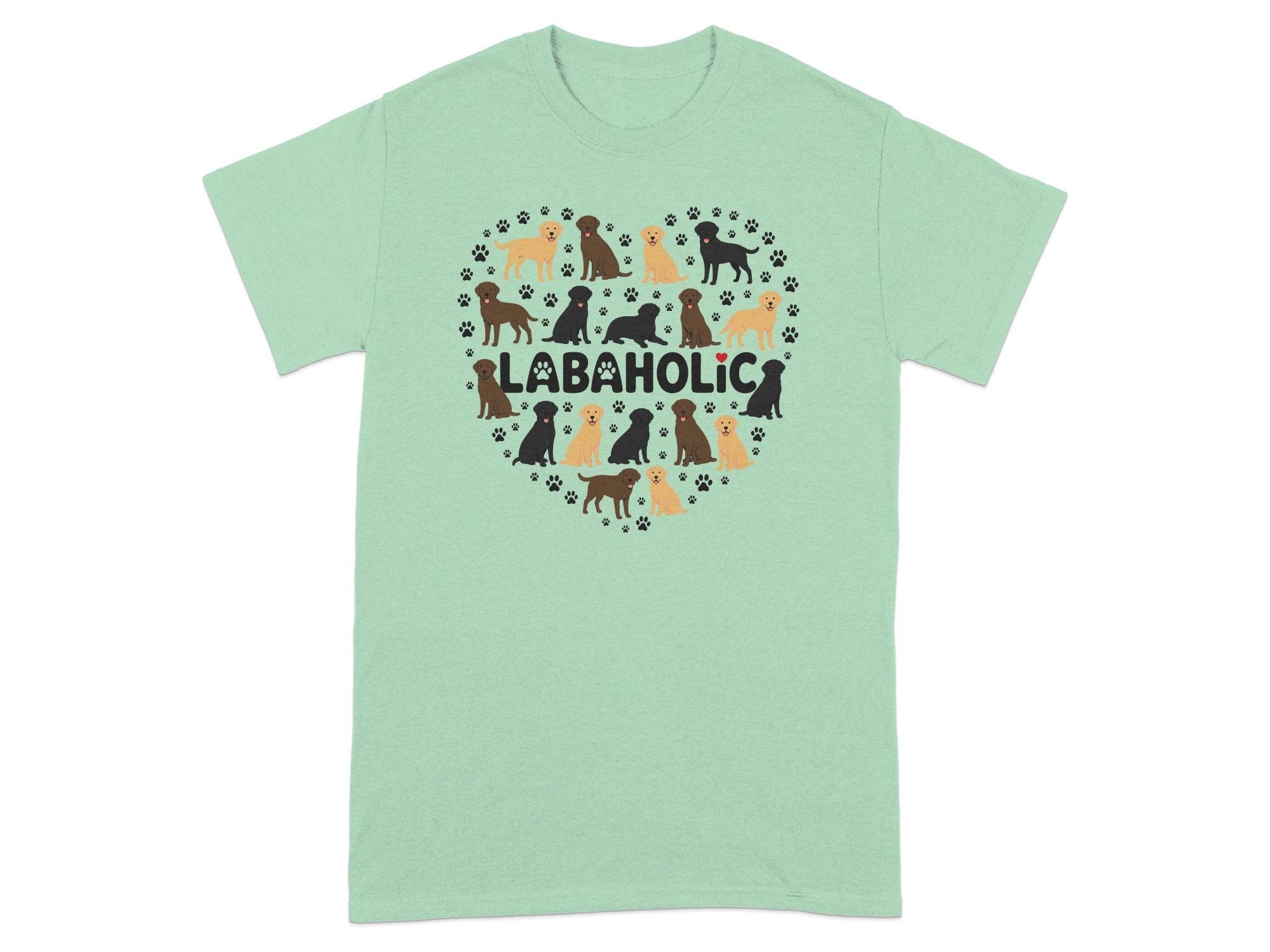 Green t-shirt with "LABAHOLIC" text surrounded by a heart of cartoon dogs and paw prints.