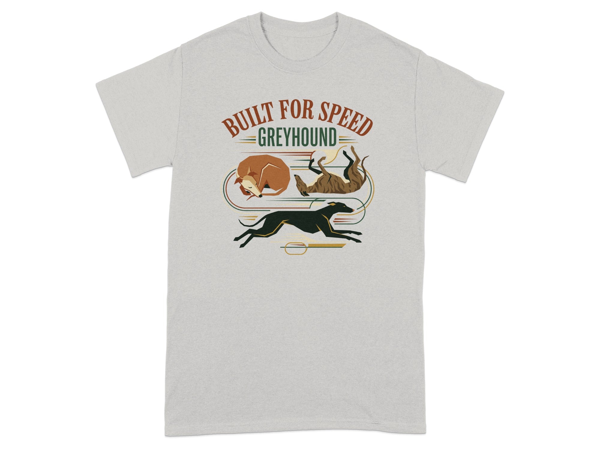 Greyhound t-shirt with running dog graphic and "Built for Speed Greyhound" text.
