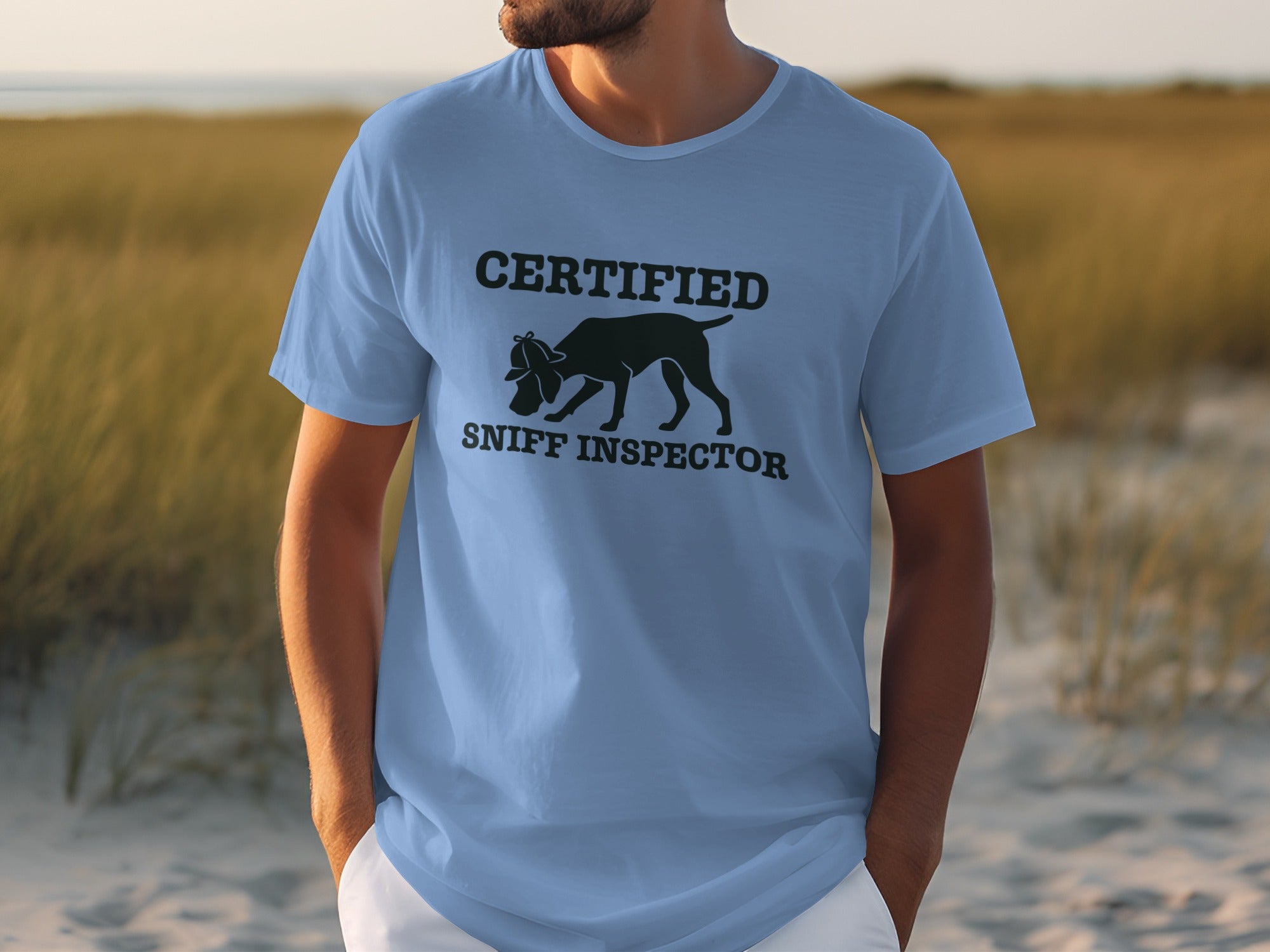 Light blue t-shirt with black text "Certified Sniff Inspector" and a dog silhouette.