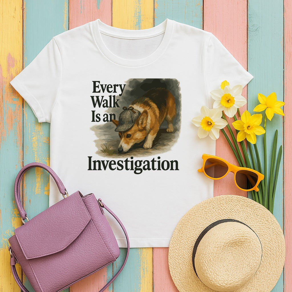 Whimsical Corgi Detective T-Shirt in White