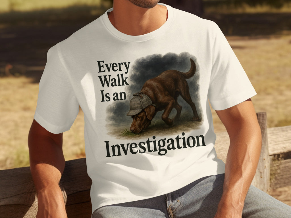 White t-shirt with dark text reading "Every Walk Is an Investigation" and a chocolate lab wearing a detective hat.