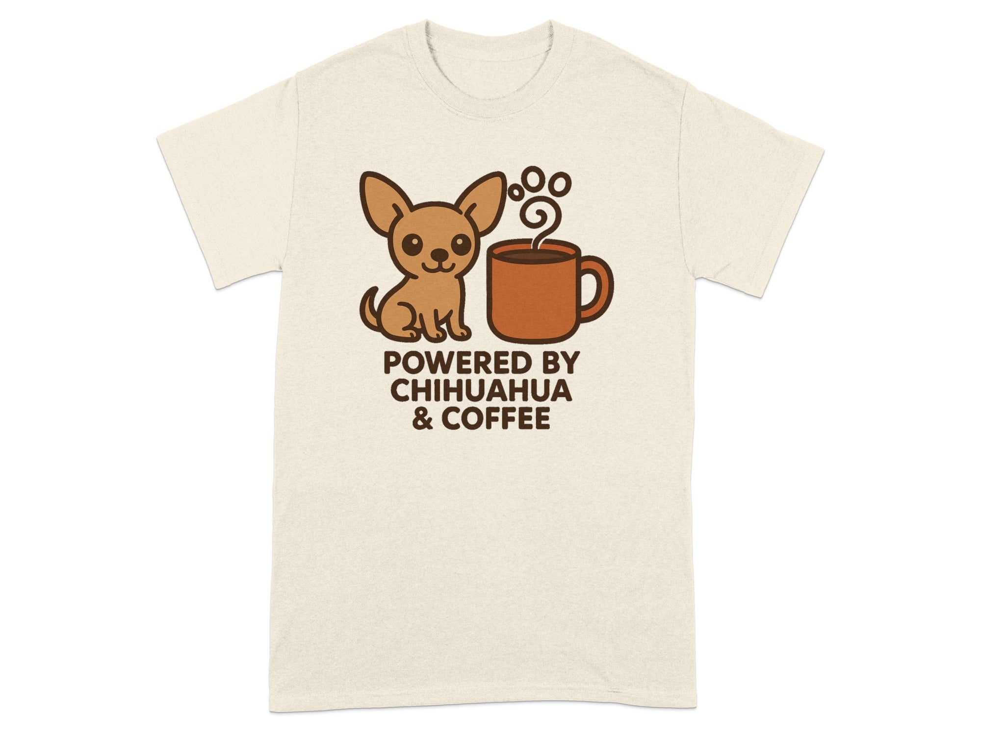 Chihuahua and coffee mug graphic with text "POWERED BY CHIHUAHUA & COFFEE".