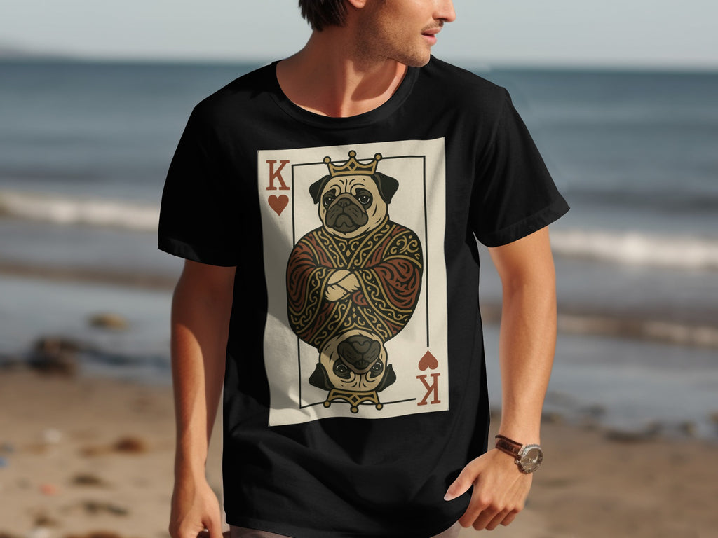 Black t-shirt featuring a King of Hearts playing card graphic with a pug.