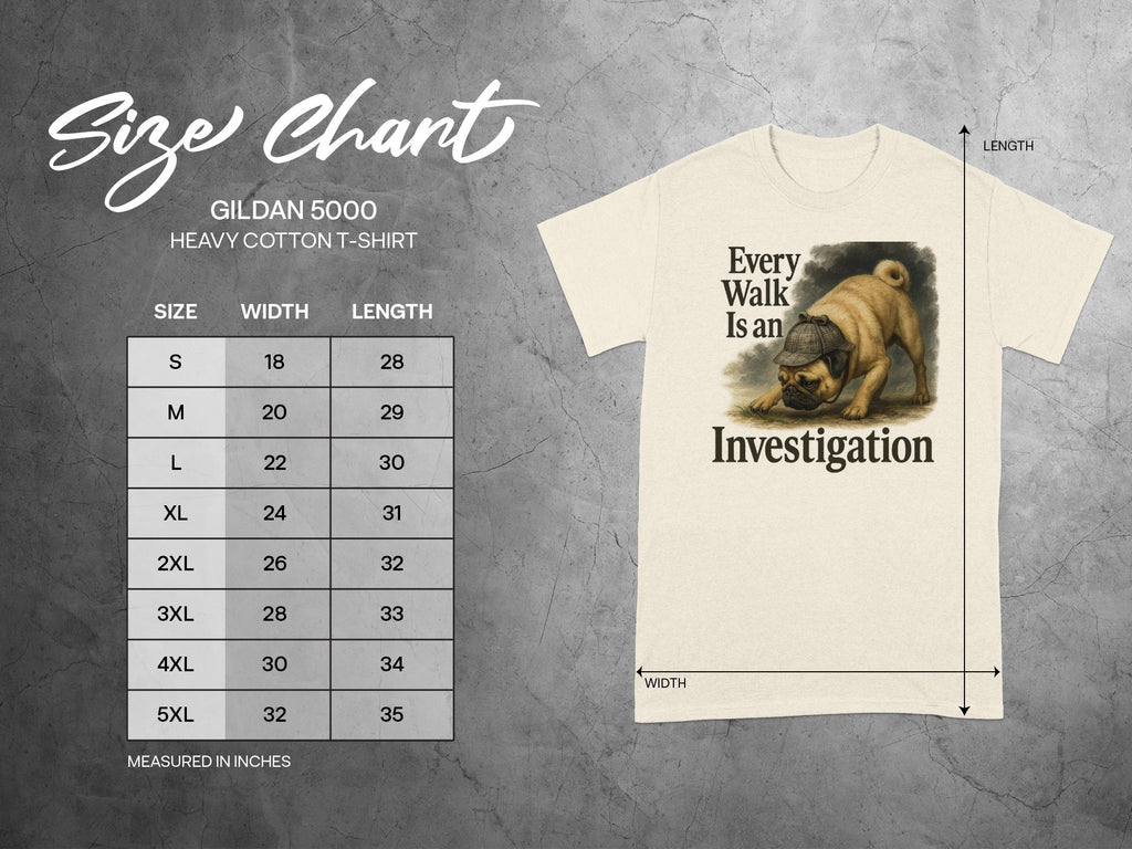Gildan 5000 size chart for heavy cotton t-shirts with pug graphic.