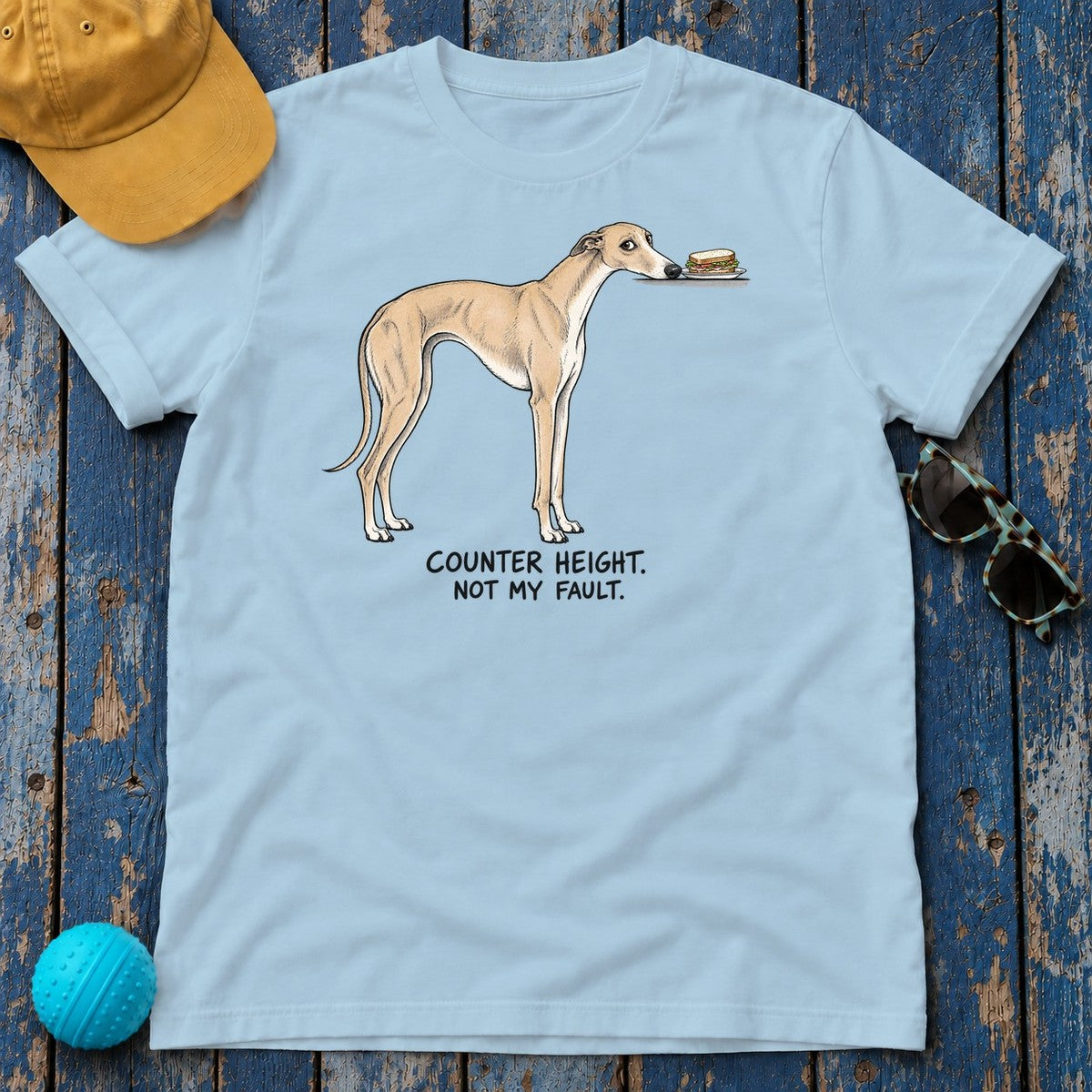 Counter Height Not My Fault Greyhound T-Shirt in Light Blue - flat lay