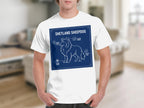 White t-shirt with blueprint of a Shetland Sheepdog, labeled with breed traits.