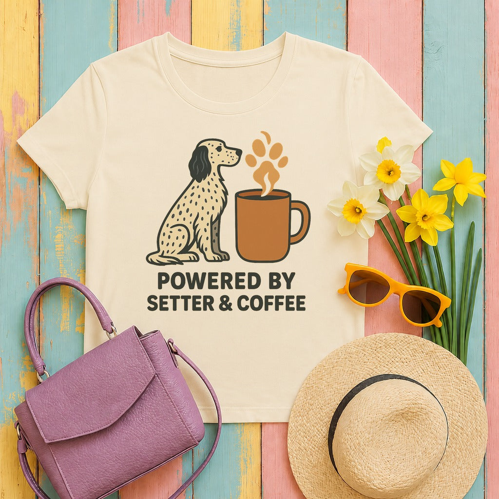 english setter powered-by-setter-and-coffee tee flat lay hero