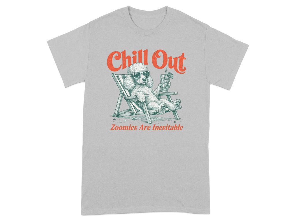Poodle in sunglasses relaxing in a beach chair, text "Chill Out".