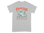 Poodle in sunglasses relaxing in a beach chair, text "Chill Out".