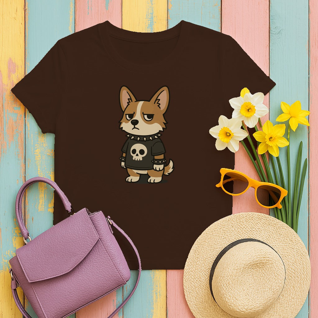 Punk Rock Corgi with a Skull Shirt Cartoon Dog T-Shirt in Dark Chocolate