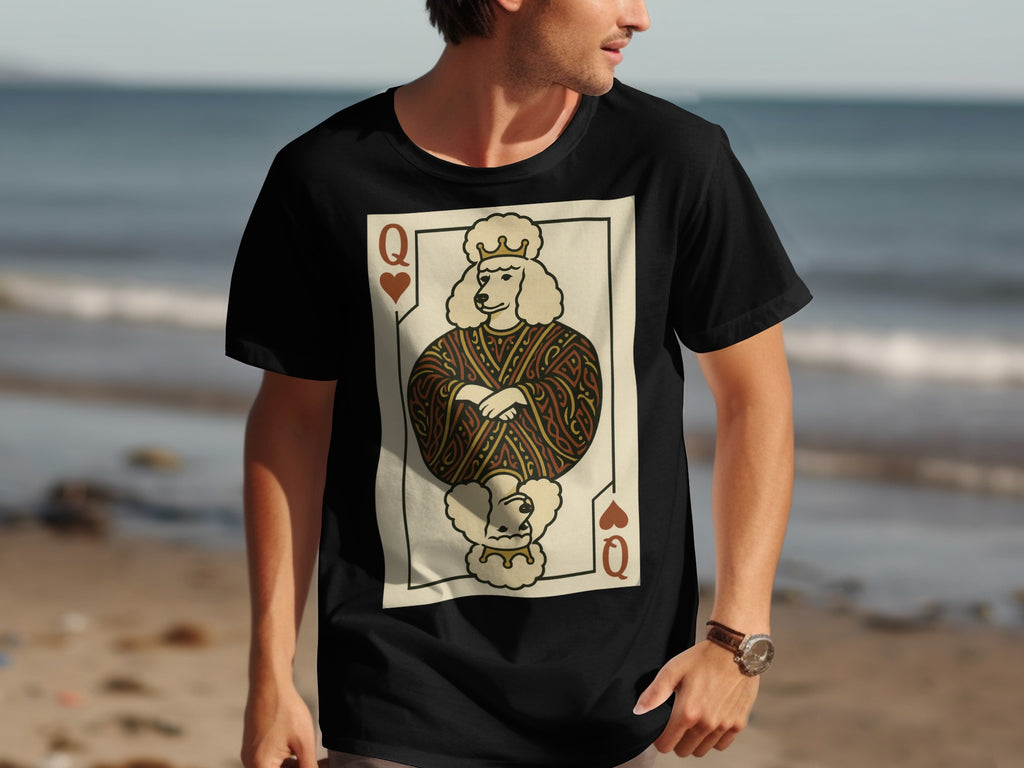 Black t-shirt with Queen of Hearts poodle card graphic on front.