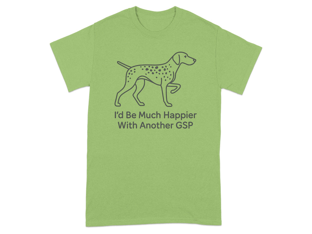 Light green t-shirt with a line drawing of a German Shorthaired Pointer with spots and text.