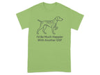 Light green t-shirt with a line drawing of a German Shorthaired Pointer with spots and text.