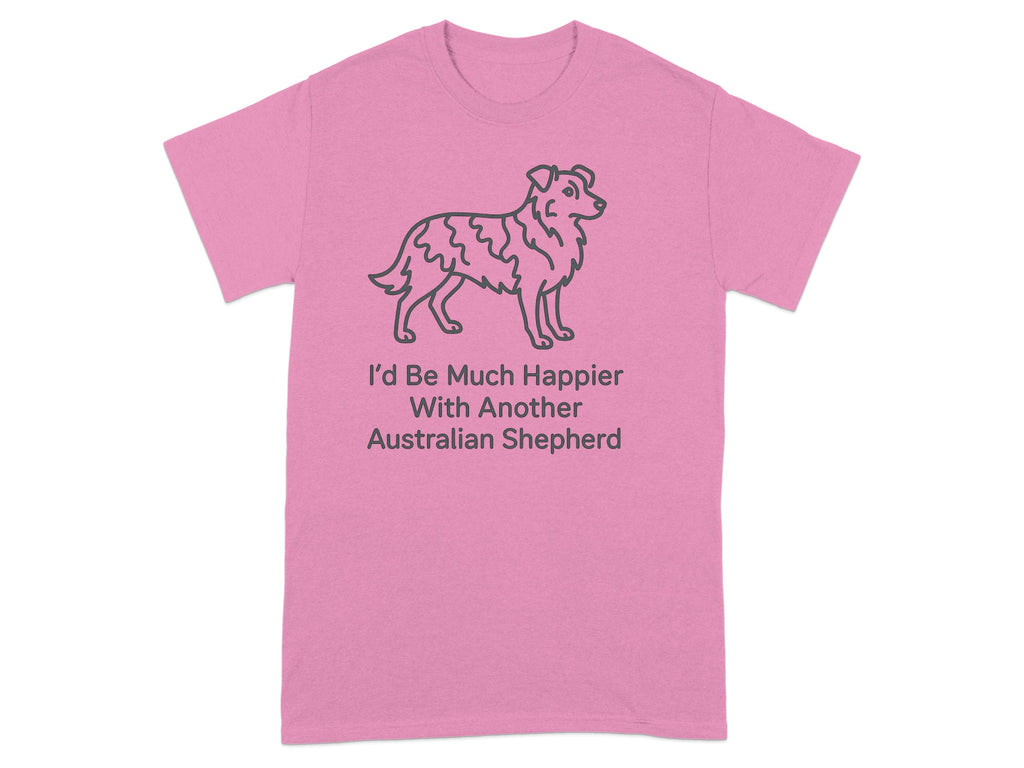 Pink t-shirt with Australian Shepherd graphic and text.