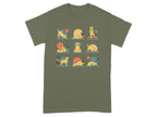 T-shirt featuring a nine-panel illustration of a yellow dog doing various yoga poses and sleeping.