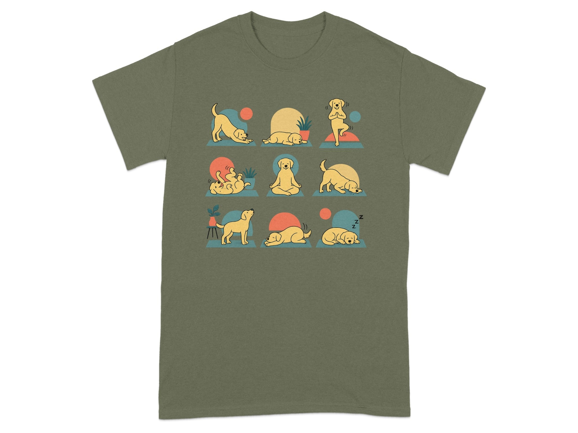 T-shirt featuring a nine-panel illustration of a yellow dog doing various yoga poses and sleeping.