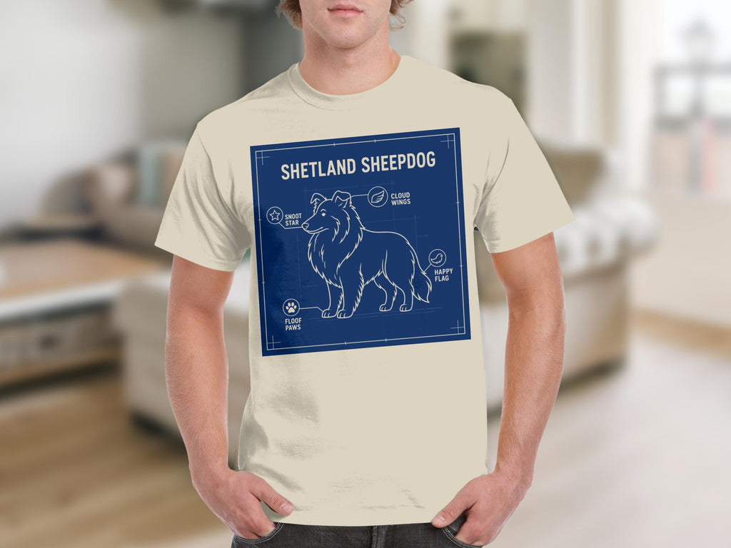 Blueprint-style diagram of a Shetland Sheepdog with labeled anatomy on a t-shirt.