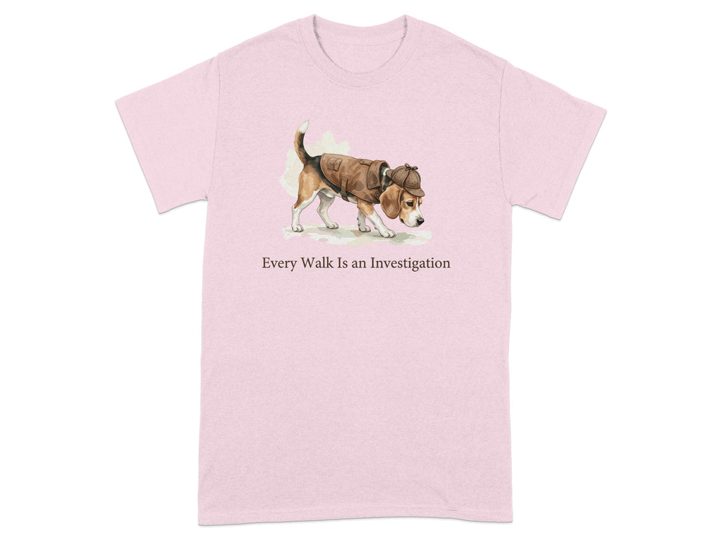 Pink t-shirt with illustration of a beagle wearing a detective hat and coat.