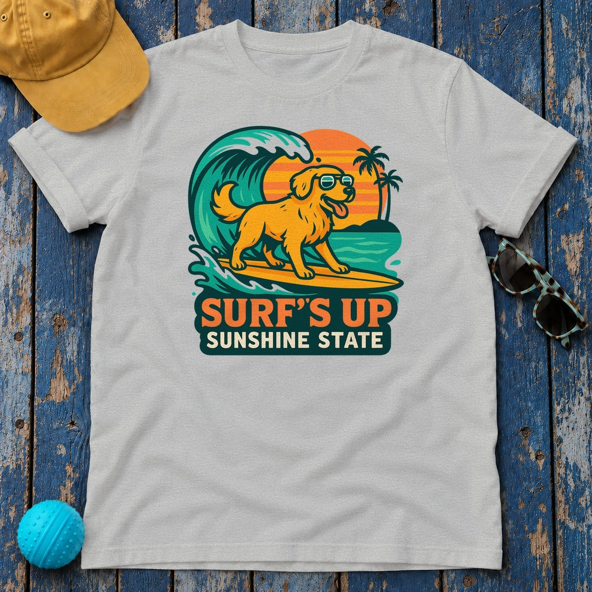 Surf's Up Sunshine State Golden Retriever Surfing T-Shirt in Sport Grey