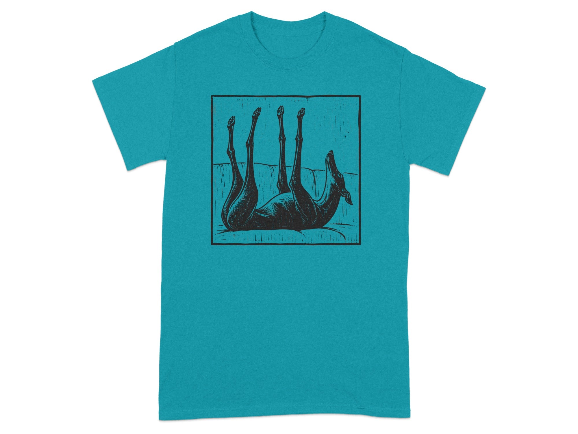 Black illustration of a dog lying on its back on a couch, printed on a teal t-shirt.