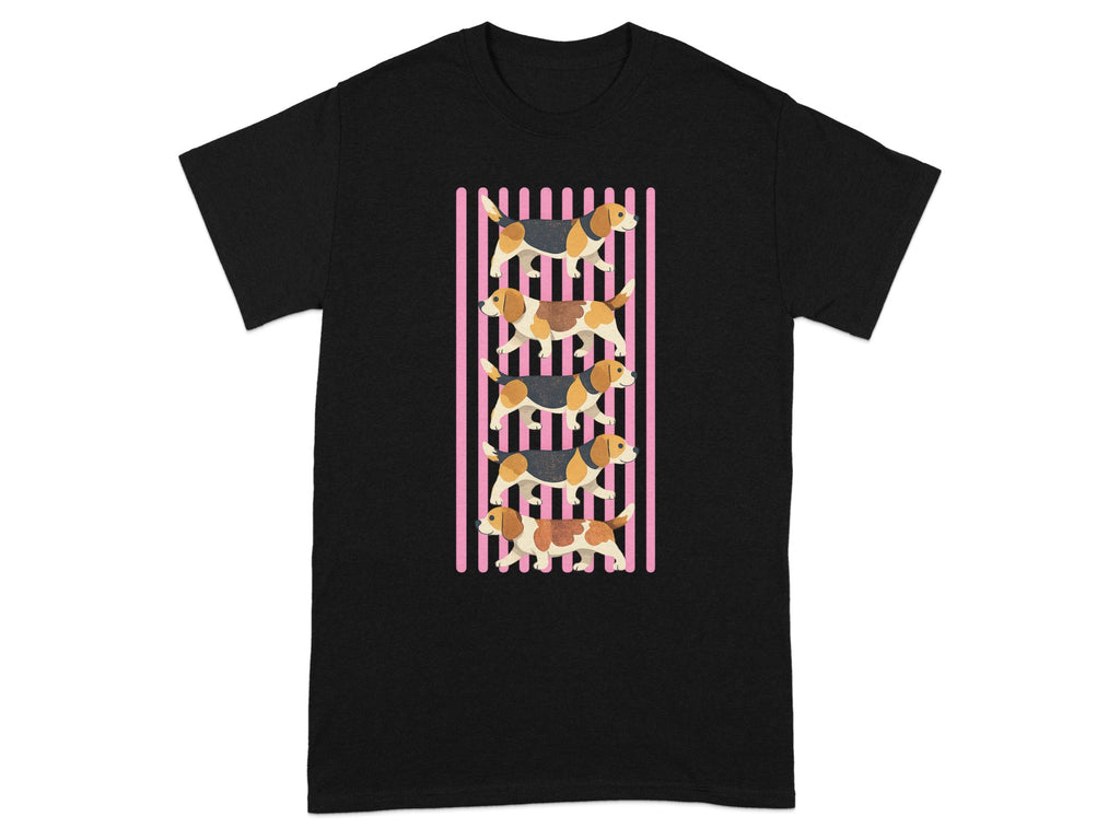 Black t-shirt with a vertical pink stripe design featuring four beagle dogs.